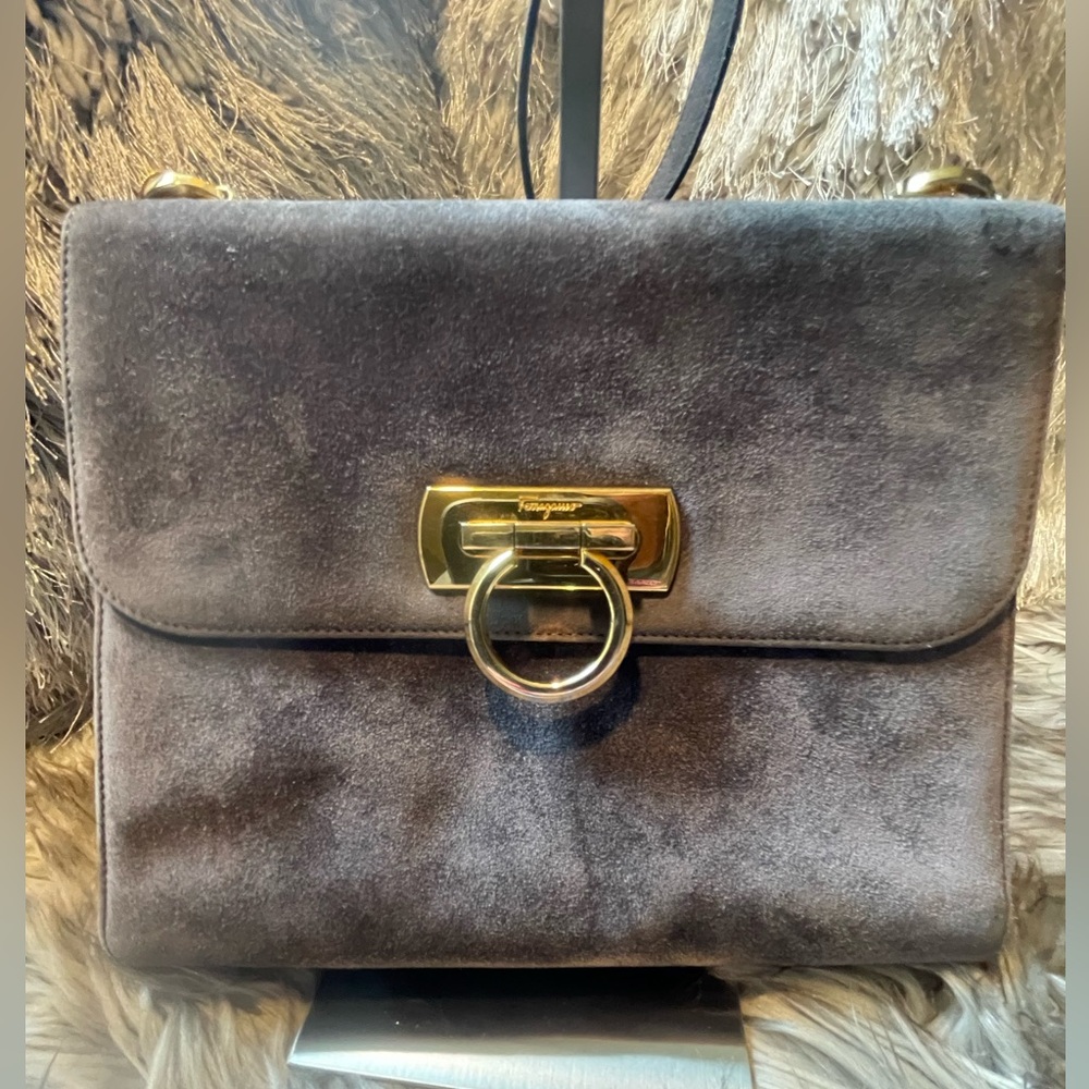 Authentic Ferragamo Gray Suede Bag with Gold Accents